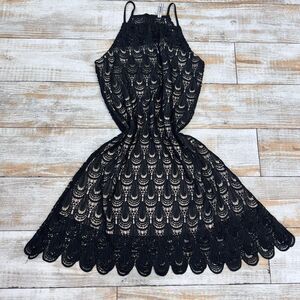 Rich & Beautiful Crochet Black Lace Mini Dress Nude Illusion L Lined Festival